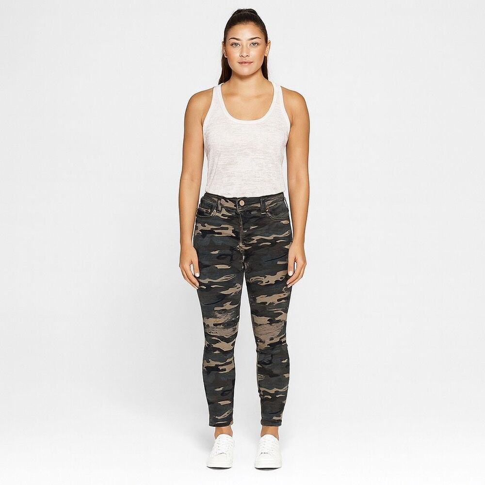 Forever 21 Green Black Brian Camouflage Distressed Stretchy Skinny Jeans size 27